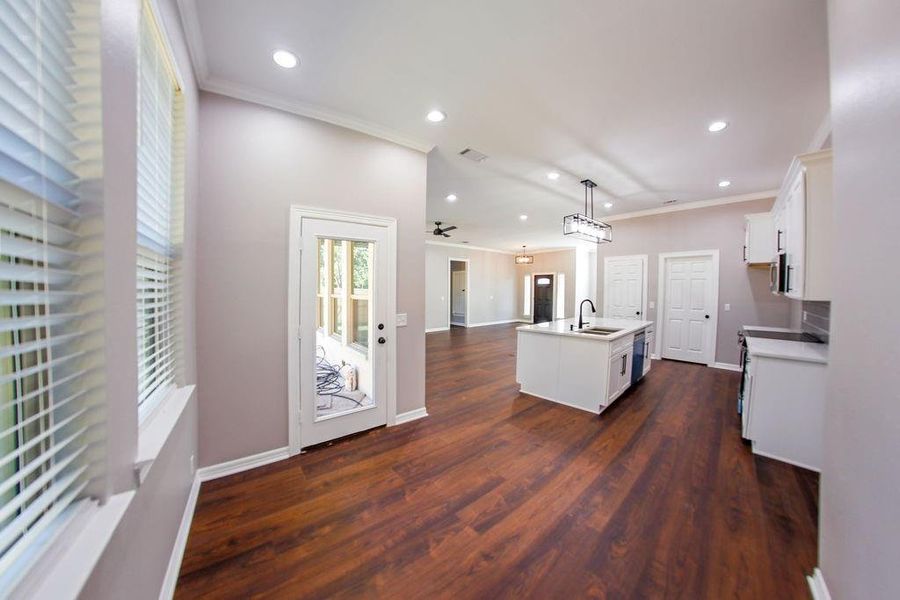 Kitchen with crown molding, open floor plan, dark wood-type flooring, recessed lighting, and stainless steel appliances Kitchen with crown molding, open floor plan, dark wood-type flooring, recessed lighting, and stainless steel appliances