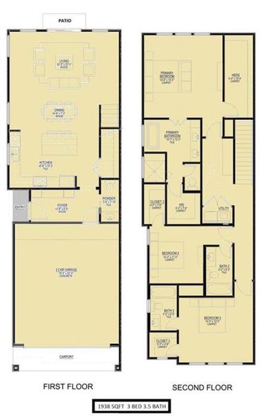 This floor plan features a two-story home with 1,938 square feet, including three bedrooms and 3.5 bathrooms. The first floor offers an open living and dining area, a kitchen, a powder room, and a two-car garage. The second floor includes a primary bedroom with an en-suite bathroom, two additional bedrooms, two more bathrooms, and a utility room. A patio is accessible from the living area.