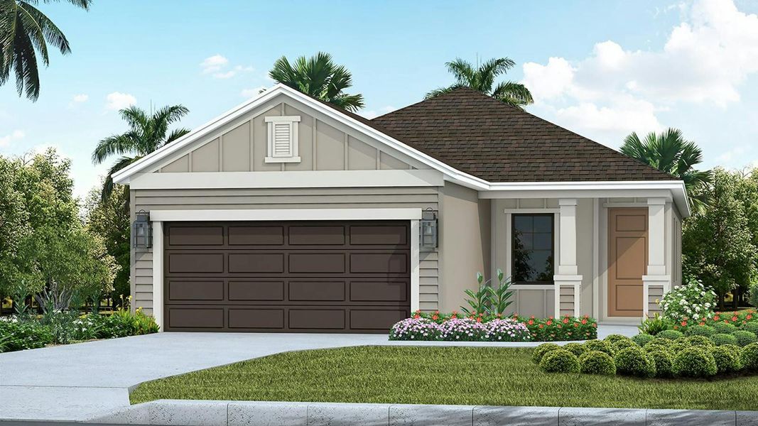 Front exterior of a new home in Canoe Creek Real Estate and Homes for Sale in Parrish, FL - Neal Communities, Parrish, FL, highlighting curb appeal (Image 2). Front exterior of a new home in Canoe Creek Real Estate and Homes for Sale in Parrish, FL - Neal Communities, Parrish, FL, highlighting curb appeal (Image 2).