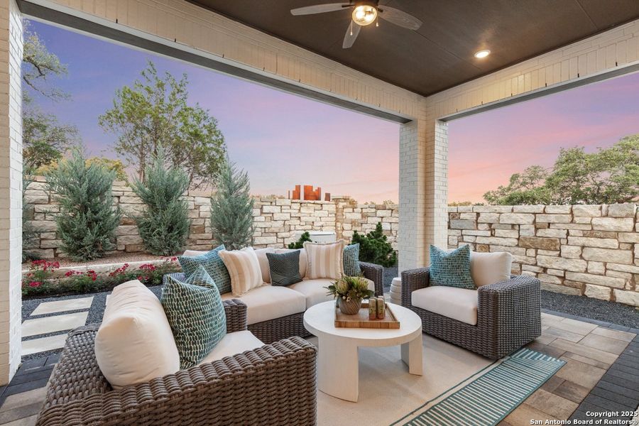 Exterior details and patio area of a home in Davis Ranch: 50ft. lots, San Antonio (Image 22).