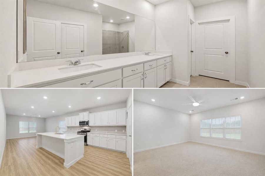 Modern open-concept home with spacious living areas, designer finishes, oversized kitchen island, and bright natural light throughout.