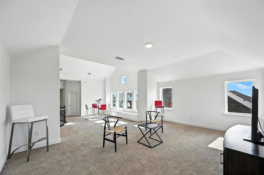 Sitting room featuring vaulted ceiling, healthy amount of natural light, and light carpet