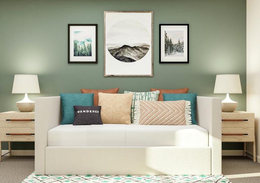 Rendering of a secondary bedroom featuring large furniture and neutral carpet flooring. Rendering of a secondary bedroom featuring large furniture and neutral carpet flooring.