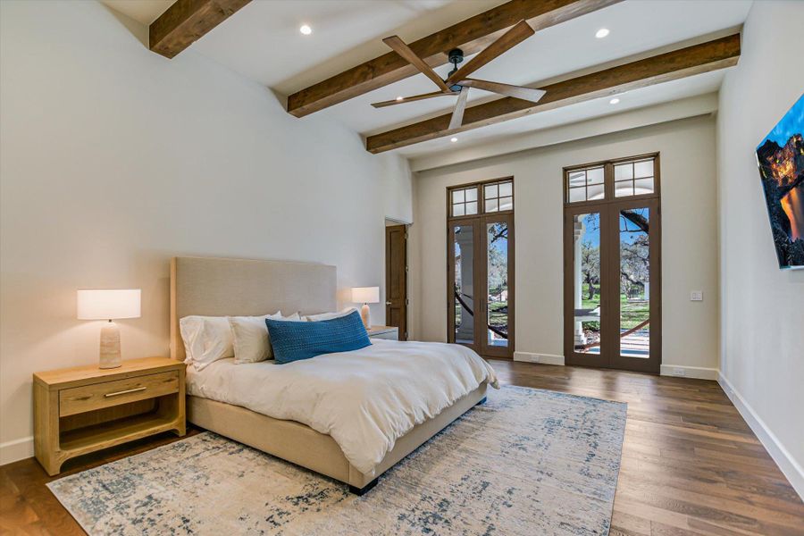 Bedroom featuring dark wood-style flooring, french doors, access to outside, recessed lighting, and ceiling fan