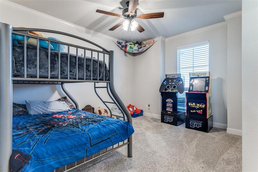 Carpeted bedroom with crown molding and ceiling fan