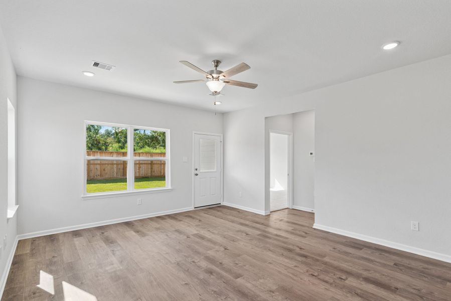 The Sparrow II- Family Room. Sample floor plan image for illustration; upgrades, options, and colors may vary.