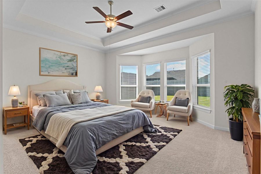 Virtually Staged – Primary bedroom retreat with high tray ceiling trim with crown molding for that custom look and feel! Then to top off that custom feel the large sitting area with large energy saving windows that provide you with than natural lighting we all want today! No cookie cutting looking home at all! Virtually Staged – Primary bedroom retreat with high tray ceiling trim with crown molding for that custom look and feel! Then to top off that custom feel the large sitting area with large energy saving windows that provide you with than natural lighting we all want today! No cookie cutting looking home at all!