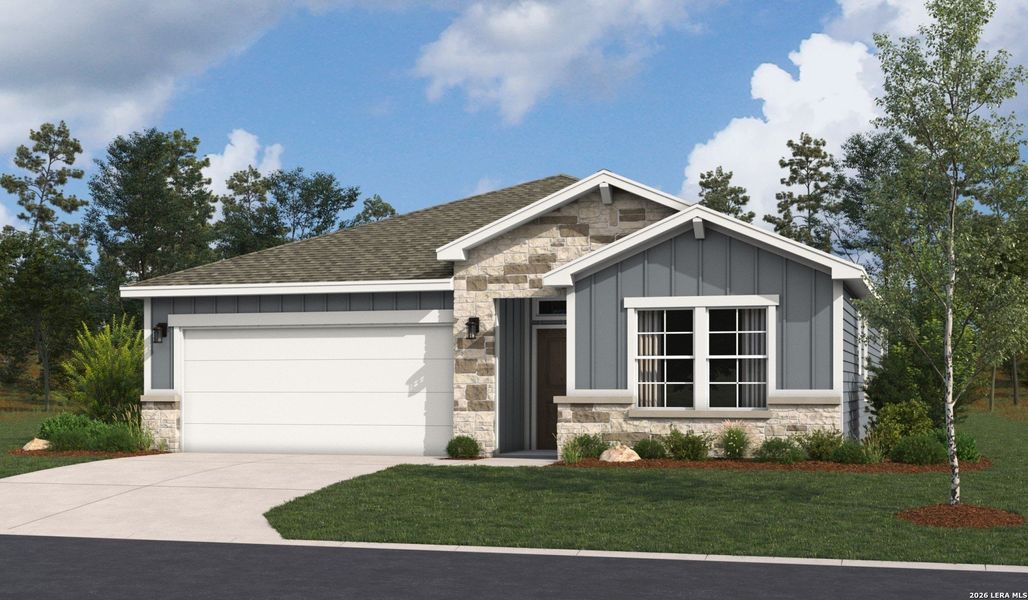 Front exterior of a new home in Hickory Ridge, Elmendorf, TX, highlighting curb appeal (Image 1). Front exterior of a new home in Hickory Ridge, Elmendorf, TX, highlighting curb appeal (Image 1).