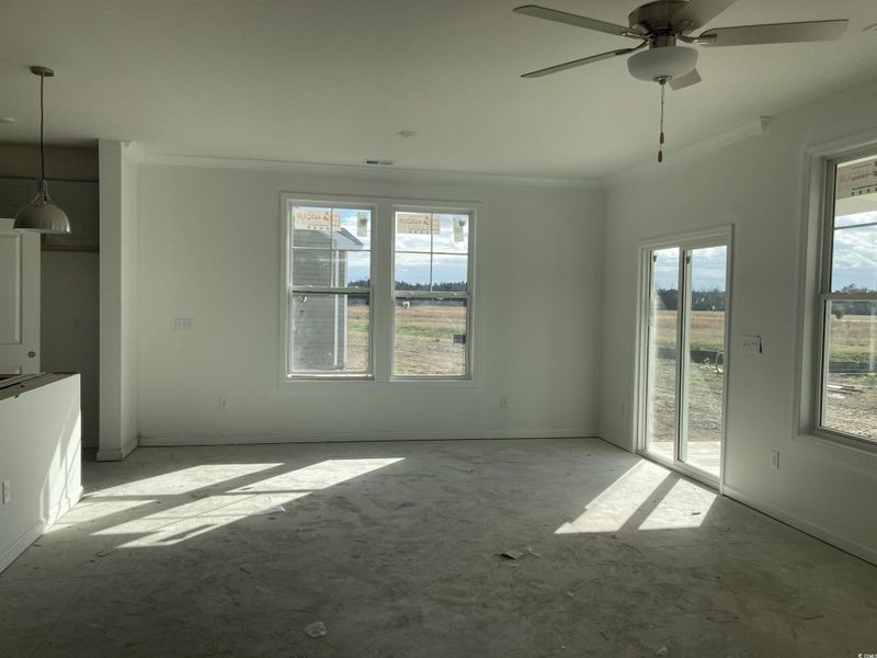 Unfurnished living room with crown molding and a ceiling fan