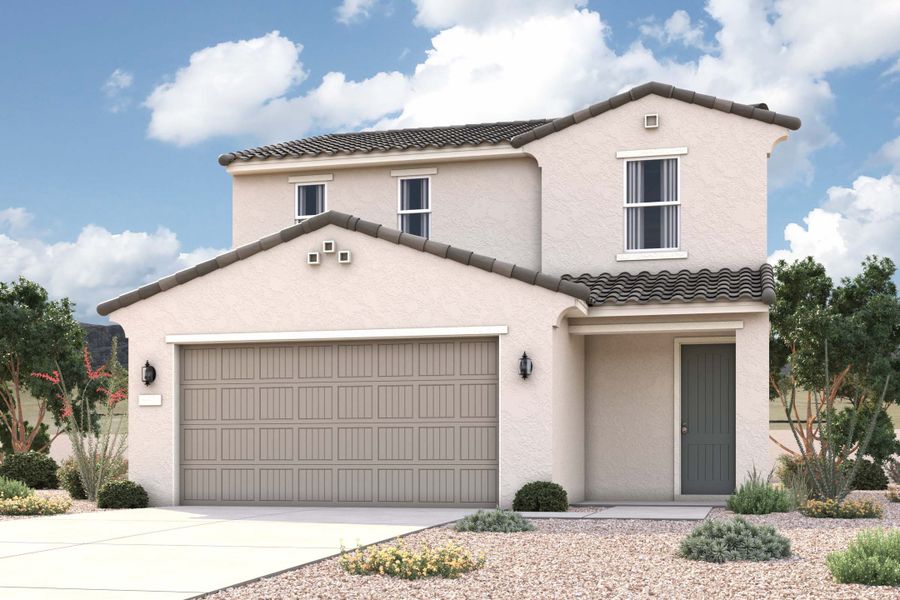 Rendering of front of new home for sale in San Tan Valley, AZ at Skyline Village the Highlands Collection by Century Communities with 2 car garage. Rendering of front of new home for sale in San Tan Valley, AZ at Skyline Village the Highlands Collection by Century Communities with 2 car garage.