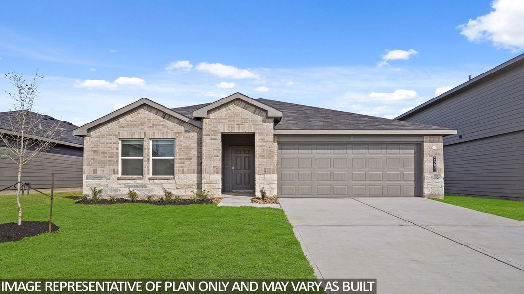Representative exterior photo of a completed home built from the Texas Cali by D.R. Horton in Grand Pines, Magnolia, TX (Image 2). Representative exterior photo of a completed home built from the Texas Cali by D.R. Horton in Grand Pines, Magnolia, TX (Image 2).
