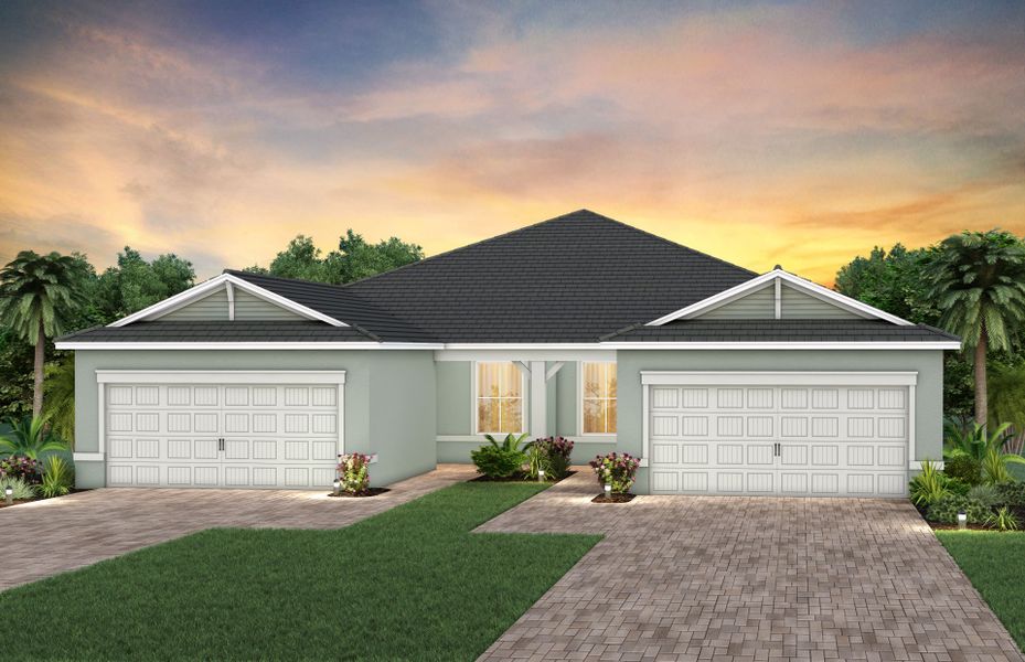 Front exterior of a new home in Shores at Stillwater, Englewood, FL, highlighting curb appeal (Image 2). Front exterior of a new home in Shores at Stillwater, Englewood, FL, highlighting curb appeal (Image 2).