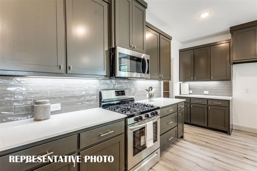 A beautiful backsplash, stainless appliances, pot & pan drawers and so much more can be found in this over the top kitchen!  REPRESENTATIVE PHOTO.