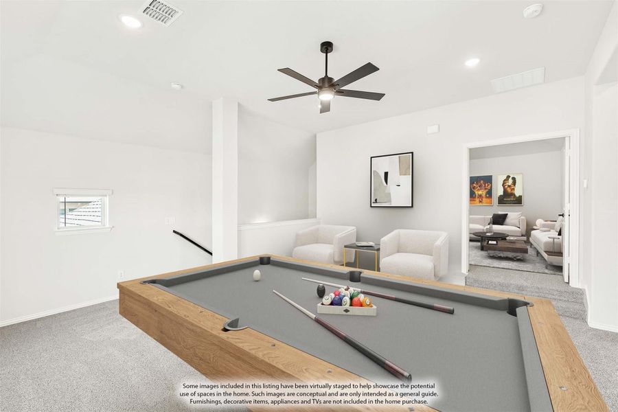 Game room with pool table, ceiling fan, and open view into adjacent living area