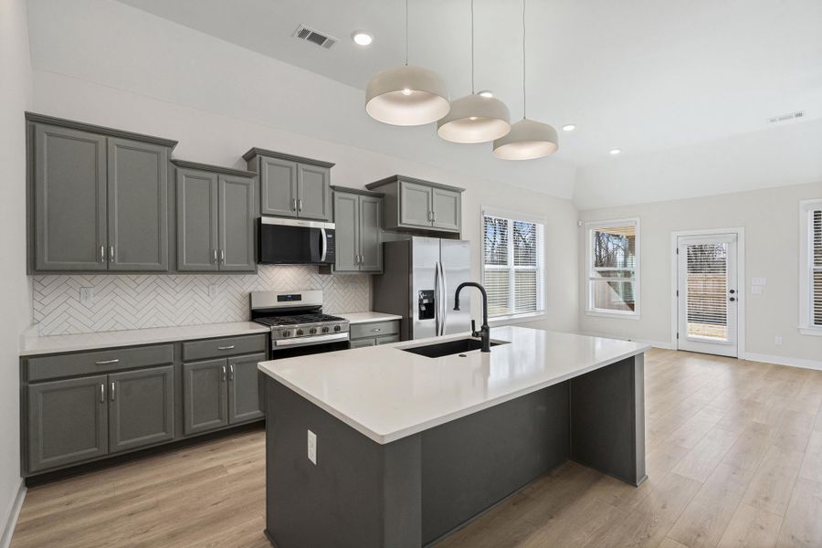 Kitchen featuring stainless steel appliances, an island with sink, gray cabinets, tasteful backsplash, and light wood-style floors Kitchen featuring stainless steel appliances, an island with sink, gray cabinets, tasteful backsplash, and light wood-style floors
