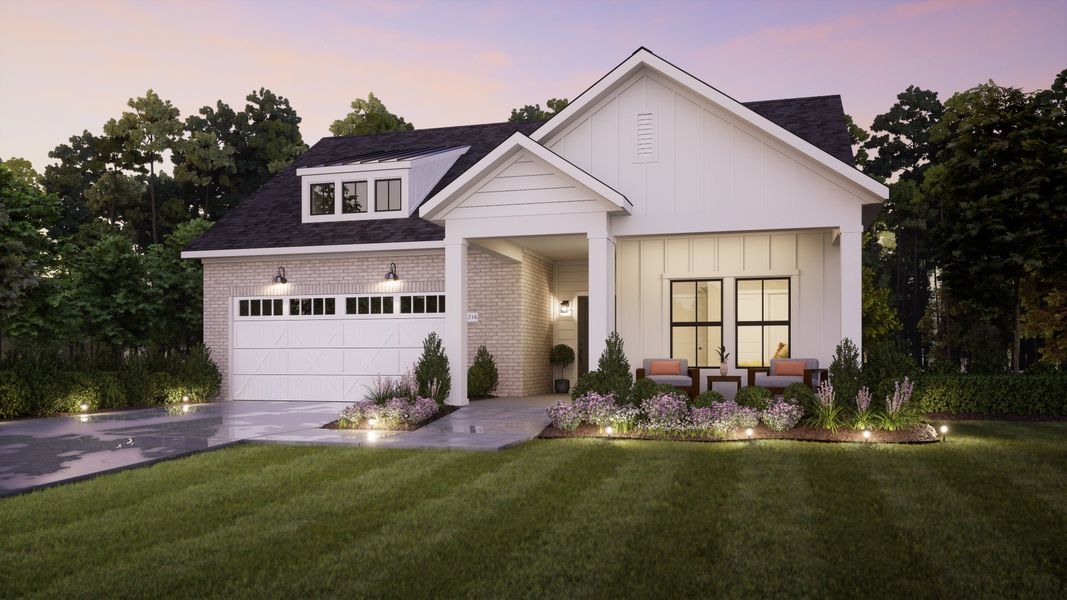 Representative exterior photo of a completed home built from the Portico by Epcon Communities in The Courtyards at Redbud Lane, Holly Springs, GA (Image 26). Representative exterior photo of a completed home built from the Portico by Epcon Communities in The Courtyards at Redbud Lane, Holly Springs, GA (Image 26).