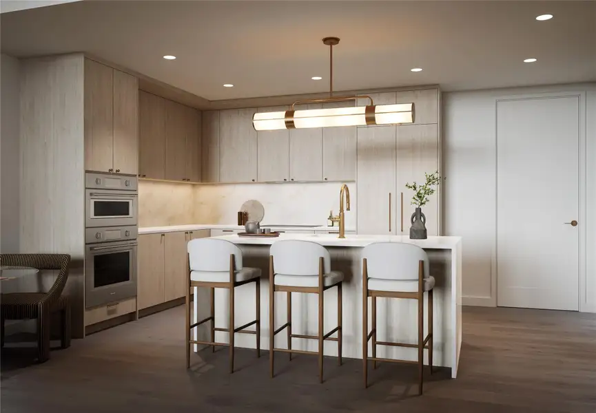 Kitchen with a breakfast bar, hanging light fixtures, wood finished floors, recessed lighting, quartzite countertop and Thermador appliances. Tranquil Palette