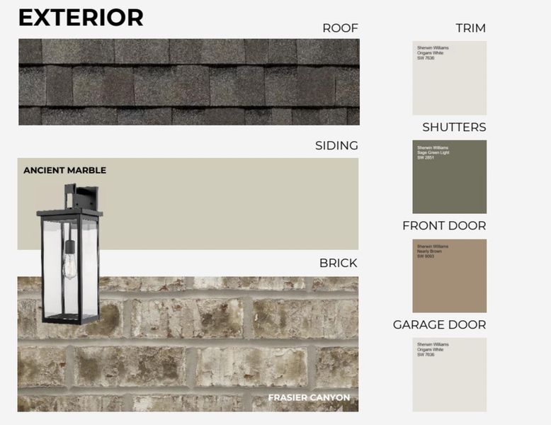 Exterior Finishes Selection. Presenting material and color specifications for the property's exterior elements