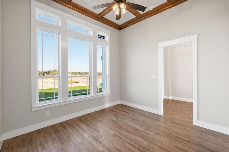 Unfurnished room with crown molding, wood-type flooring, and ceiling fan