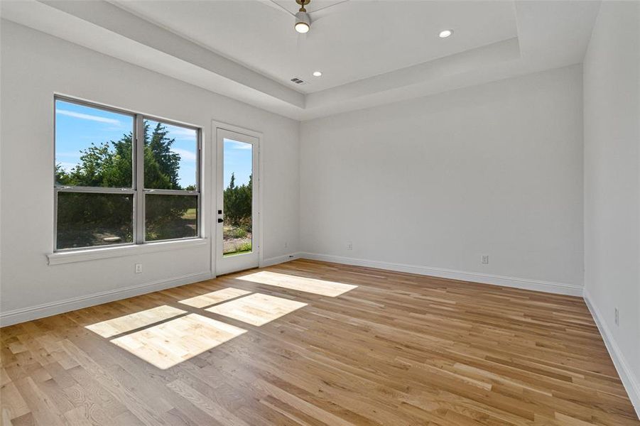 Spare room with a raised ceiling and light hardwood / wood-style flooring