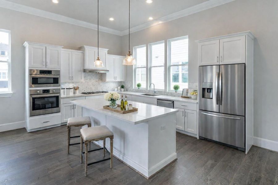 Classic white kitchen.  Decor and refrigerator added virtually.