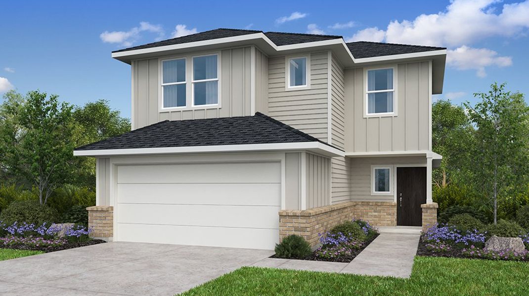 Representative exterior photo of a completed home built from the Juliet by Taylor Morrison in Firesong, Montgomery, TX (Image 1). Representative exterior photo of a completed home built from the Juliet by Taylor Morrison in Firesong, Montgomery, TX (Image 1).
