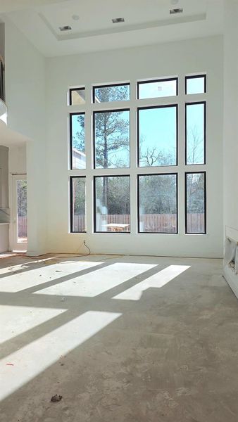 Two story family room with picture perfect windows.