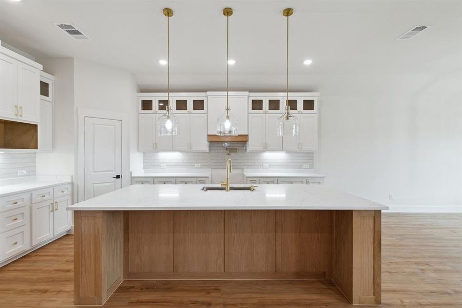 Kitchen featuring a center island with sink, a sink, glass insert cabinets, and light wood-type flooring