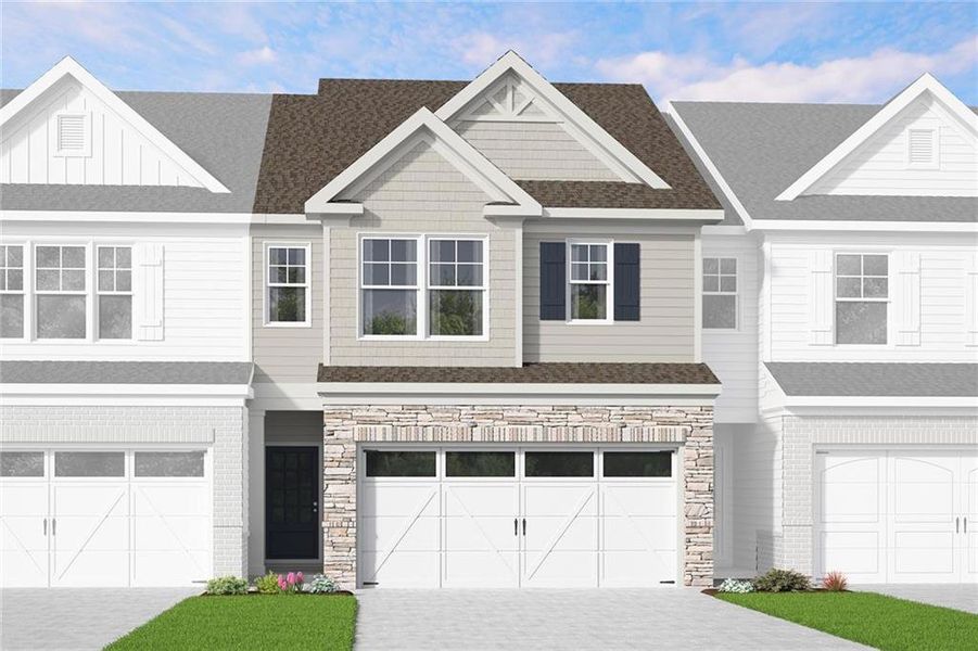 Front exterior of a new home in Mulberry Summit, Flowery Branch, GA, highlighting curb appeal (Image 1). Front exterior of a new home in Mulberry Summit, Flowery Branch, GA, highlighting curb appeal (Image 1).