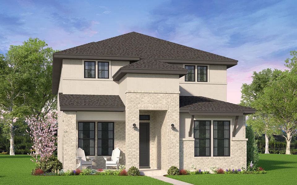 Front exterior of a new home in 40' Traditional Homes at The Grove Frisco, Frisco, TX, highlighting curb appeal (Image 1). Front exterior of a new home in 40' Traditional Homes at The Grove Frisco, Frisco, TX, highlighting curb appeal (Image 1).