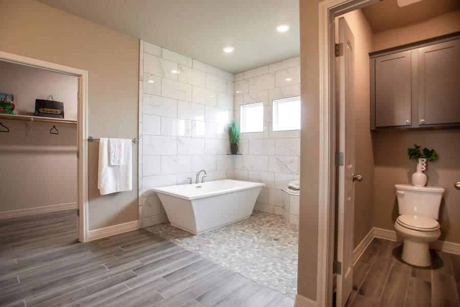 Bathroom featuring wood tiled floors, a freestanding tub, recessed lighting, and a closet Bathroom featuring wood tiled floors, a freestanding tub, recessed lighting, and a closet