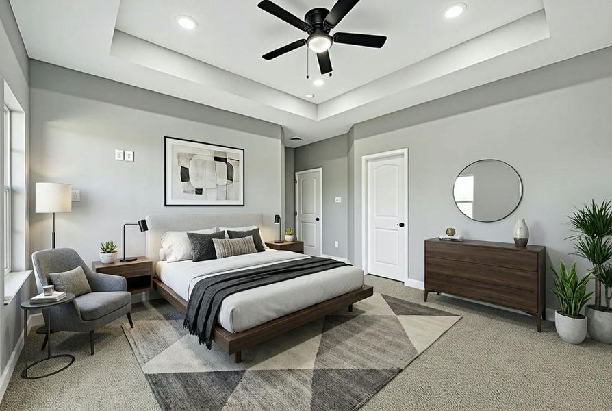 This spacious primary bedroom features a modern design with a staged comfortable bed, stylish decor, and neutral tones. It includes a ceiling fan, ample natural light from large windows, and a cozy seating area. The room also stages a dresser and a well-placed mirror, creating a welcoming and serene atmosphere.