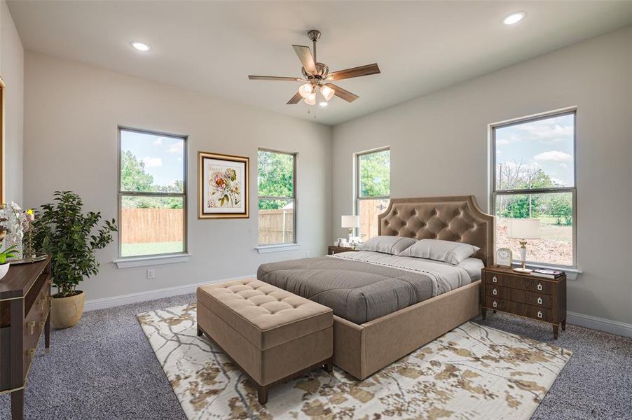 Virtually staged for illustrative purposes only. Carpeted bedroom with ceiling fan