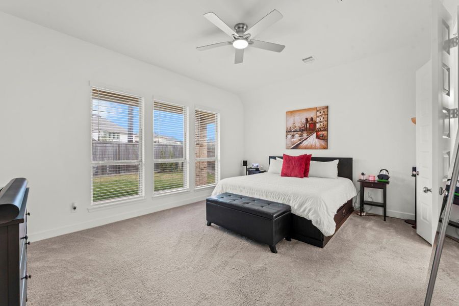 The inviting Owner’s Suite is a private retreat designed for ultimate relaxation. Triple windows fill the space with natural light and offer serene views of the backyard. A hallway art niche and a sloped ceiling add architectural elegance, while lush carpeting and a stylish ceiling fan with light complete the refined look. Spacious, serene, and beautifully appointed — the perfect escape at the end of the day.