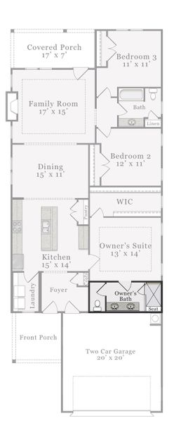 2D floor plan layout for the Elm by McKee Homes in Coastal Haven, Leland, NC (Image 6).