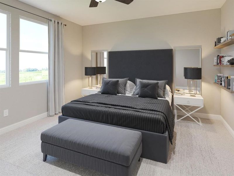 Bedroom featuring light colored carpet and ceiling fan Bedroom featuring light colored carpet and ceiling fan