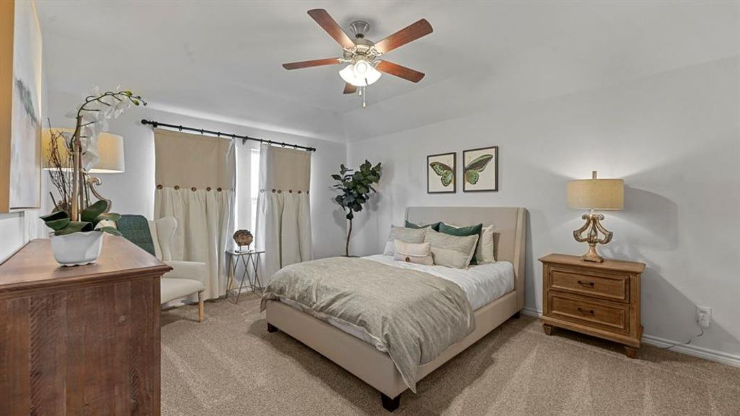 Carpeted bedroom with a ceiling fan