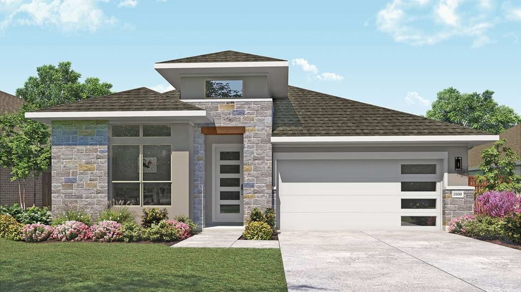 Representative exterior photo of a completed home built from the Willow by DRB Homes in Anthem, Kyle, TX (Image 7). Representative exterior photo of a completed home built from the Willow by DRB Homes in Anthem, Kyle, TX (Image 7).