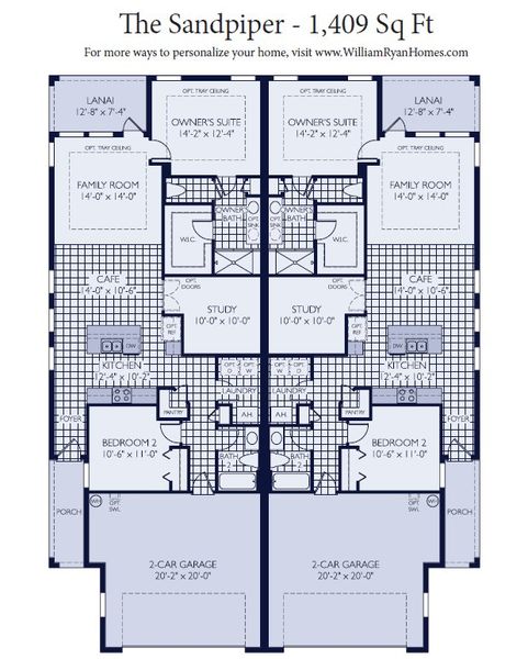 2D floor plan layout for the Sandpiper by William Ryan Homes in Fairway Pointe - Villa Community, Sun City Center, FL (Image 6).