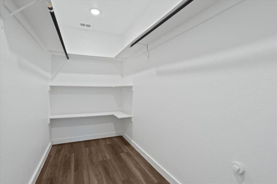 Walk in closet with dark hardwood / wood-style flooring