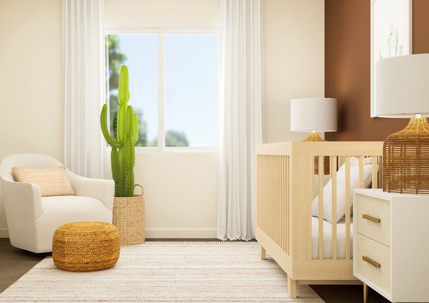 Rendering of a child's bedroom furnished with a crib and a white chair in the corner. Rendering of a child's bedroom furnished with a crib and a white chair in the corner.