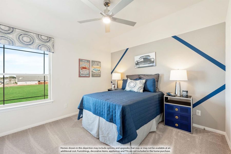 Bedroom with blue bedding, ceiling fan, accent wall with blue stripes, and large window with outdoor view