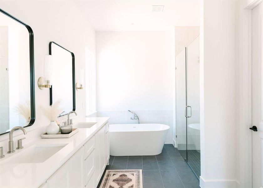 Bathroom featuring tile patterned floors, vanity, and separate shower and tub