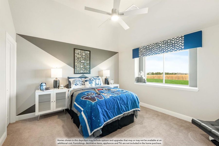 Children's bedroom with vaulted ceiling, ceiling fan, geometric accent wall, and large window with backyard view