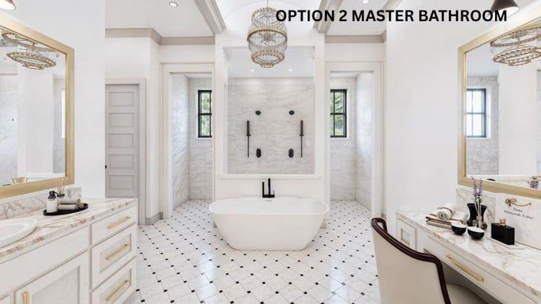 OPTION 2 MASTER BATH with a chandelier, walk in shower, a freestanding tub, healthy amount of natural light, and recessed lighting