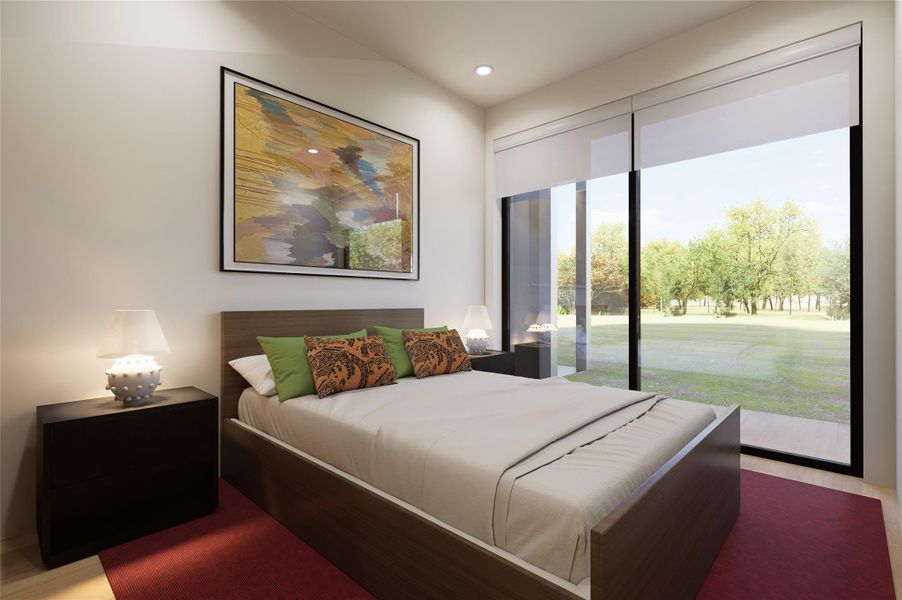 Bedroom featuring wood finished floors, access to outside, and recessed lighting