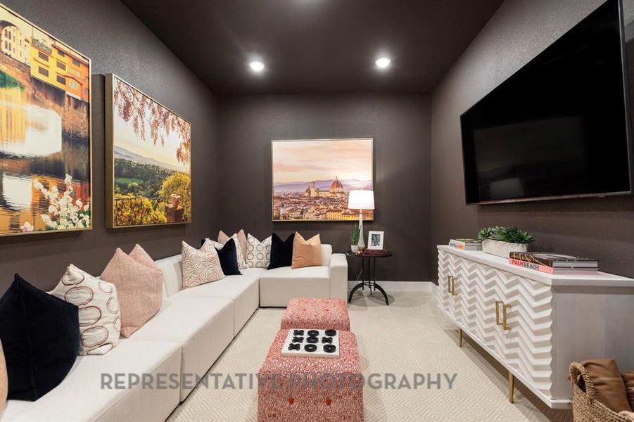 Living room with carpet floors and recessed lighting Living room with carpet floors and recessed lighting