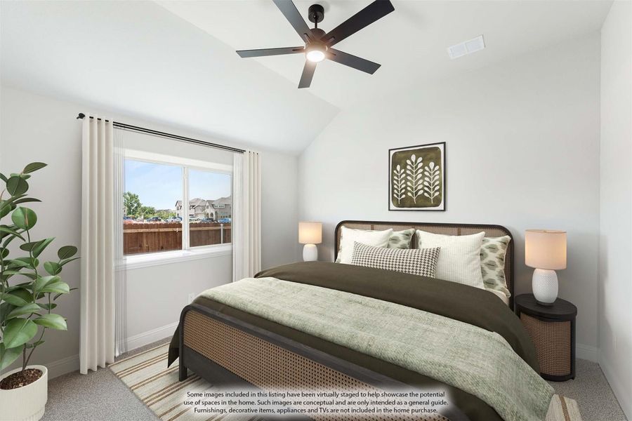 Bedroom with vaulted ceiling, ceiling fan, large window, and queen bed with dark wood frame Bedroom with vaulted ceiling, ceiling fan, large window, and queen bed with dark wood frame