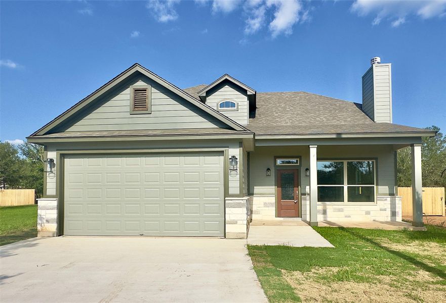 View of front of home featuring concrete driveway, a garage, a chimney, roof with shingles, and covered porch View of front of home featuring concrete driveway, a garage, a chimney, roof with shingles, and covered porch