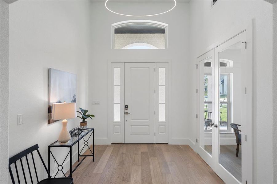 Entrance foyer with light wood-style flooring, healthy amount of natural light, and a high ceiling Entrance foyer with light wood-style flooring, healthy amount of natural light, and a high ceiling